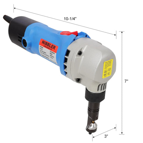 Heavy Duty 500W Electric Sheet Metal Nibbler with a 360-degree swiveling head, measuring 10-1/4" x 7" x 3" for precision metalworking.
