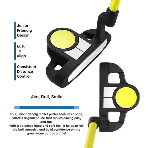 Gold TP JR Junior Golf Club Set putter for kids, yellow alignment aid, right-handed, enhancing confidence and distance control.