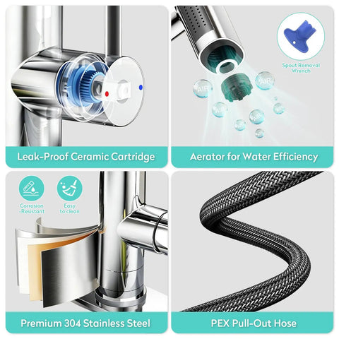 KAIYING Waterfall Kitchen Faucet with Pull Down Sprayer & Glass Rinser features leak-proof ceramic cartridge and PEX pull-out hose.