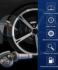 Four Piece 433 Mhz Tire Pressure Monitoring System Sensors Snap In Replacement showing tire sensor on stylish wheel.