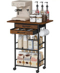 Five Tier Rolling Coffee Cart On Wheels With Two Large Drawers And Removable Dividers Extra Wide Coffee Bar Cart with espresso machine