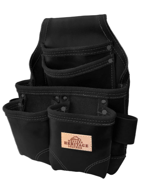 Heavy Duty Leather Tool Pouch Bag For Carpenters And Handymen, Pro Grade With Reinforced Seams, 5 Pockets And 2 Snap Loops
