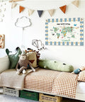 World Map Classroom Banner For Geography Learning 20x30 Inch Wall Hanging Sign displayed above a child's bed
