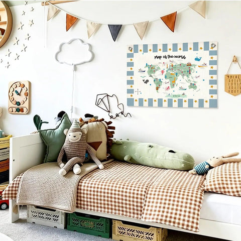 World Map Classroom Banner For Geography Learning 20x30 Inch Wall Hanging Sign displayed above a child's bed