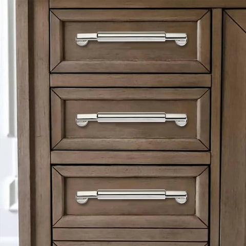 2-Pack 8-Inch Polished Nickel Cabinet Pulls Heavy-Duty Solid Handles on wooden drawers. 8-Inch Center-To-Center, 12mm Diameter.