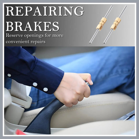 3/16 Inch Brake Line Fitting Kit With Bubble Flare And Double Flare Ends, Includes Four Brass Union Connectors, Universal Car Brake Line Repair Kit For Quick, DIY Vehicle Brake Line Fix. Brake line repair kit with brass unions shown for vehicle brake fixing.