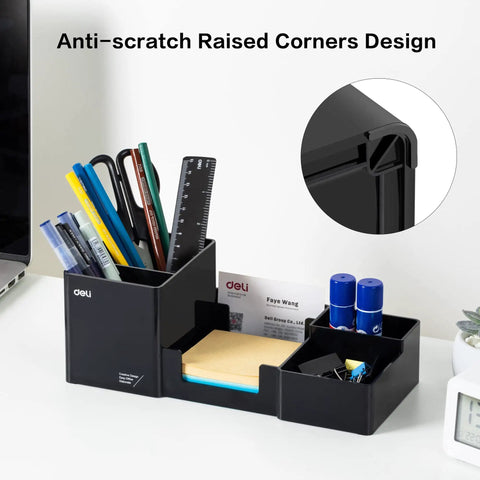 Desk Organizer With Pencil Holder And Sticky Note Tray Plastic Desktop Caddy For Office Supplies Six Compartments Black Finish