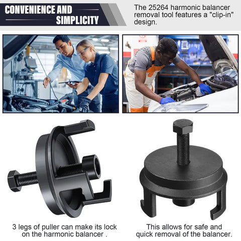 Heavy Duty Harmonic Balancer Puller Kit For Crank Pulley Removal With A Zero Hassle Clip Grip shows clip design and locking mechanism.