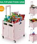 Foldable Utility Cart With Four Swivel Wheels And Lid, Portable Rolling Handcart, carrying groceries and books, lightweight pink gear