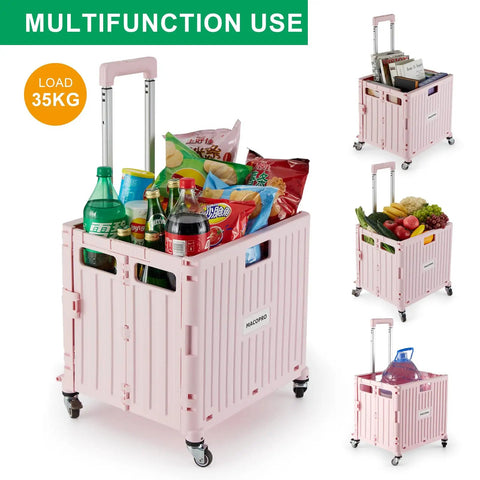 Foldable Utility Cart With Four Swivel Wheels And Lid, Portable Rolling Handcart, carrying groceries and books, lightweight pink gear