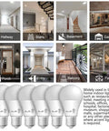 A19 LED Light Bulbs Six Pack 9W 60W Equivalent 830 Lumens Daylight 5000K E26 Base UL Listed Non Dimmable displayed with usage examples.