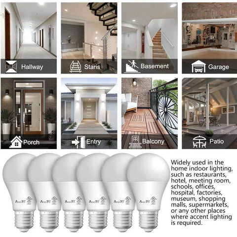 A19 LED Light Bulbs Six Pack 9W 60W Equivalent 830 Lumens Daylight 5000K E26 Base UL Listed Non Dimmable displayed with usage examples.
