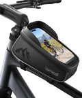 Waterproof Bike Frame Bag With 1.6L Capacity Front Phone Holder And Touchscreen Window Rain Cover Cycling Pouch For 7 Inch Phones mounted on bike