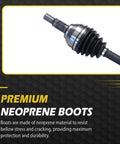 Close-up view of plug and play front CV axle with premium neoprene boots for Buick and Chevrolet, highlighting durability.