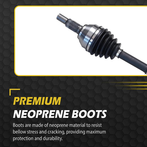 Close-up view of plug and play front CV axle with premium neoprene boots for Buick and Chevrolet, highlighting durability.