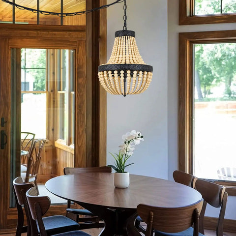 Boho Natural Wood Beaded Pendant Light With Long Plug In Cord And Chain Three Light Black Hanging Lamp for dining room.