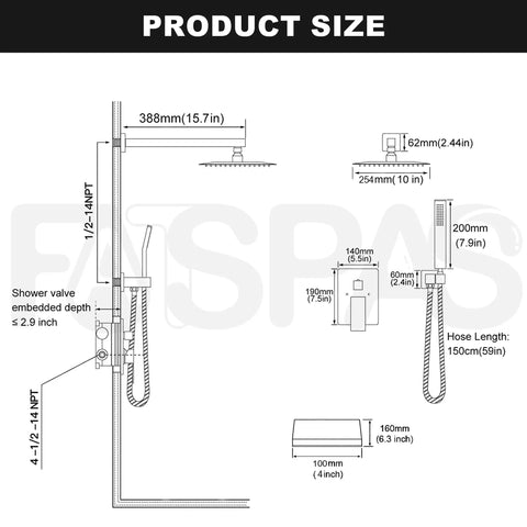 Technical drawing of Wall Mounted Shower System With 10 Setting High Pressure Handheld Shower Head And 10 Inch Rain Shower Head Balance Valve And Trim Kit Polished Chrome Spa Like Shower Experience With Easy Adjustable Settings, showing dimensions and measurements.