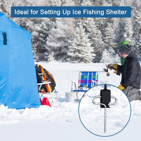 Ice fishing setup with Ice Anchor Drill Adapter Kit and shelter, featuring pro grade heavy duty ice shanty anchors for easy setup.