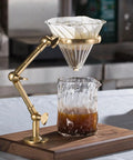 Solid Wood Base Brass Holder For Pour Over Coffee Dripper Stand With Rotating Detachable Rack Top Shelf, brewing setup with glass dripper.