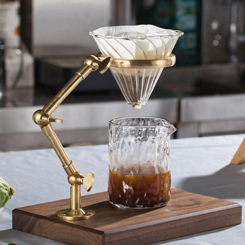 Solid Wood Base Brass Holder For Pour Over Coffee Dripper Stand With Rotating Detachable Rack Top Shelf, brewing setup with glass dripper.