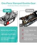 Comparison of 5 Ton Beefed Up Come Along Winch With 11 Foot Steel Cable Three Hooks and competitor's winch.