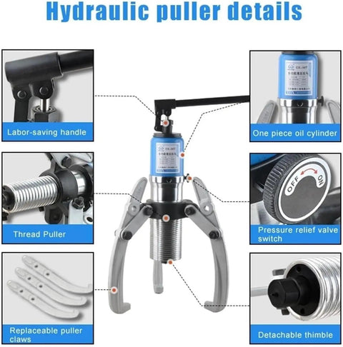 Heavy Duty Hydraulic Bearing Puller Wrench 15 Ton Rock Solid Gear Extractor Tool For Yanking Stubborn Hubs Bushings And Flanges close-up of hydraulic puller details with handle and claws