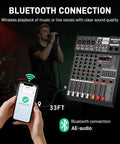 Person using smartphone to connect to 6 Channel Professional Audio Mixer With 320 DSP Effects And 7 Band EQ USB And Bluetooth Connectivity 48V Power Supply PAD Button For Recording Karaoke And Live Sound Console For DJs And Musicians.