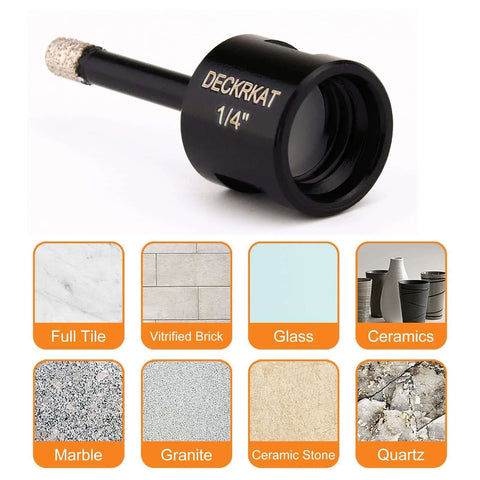 Side view of DECKRKAT 1/4-inch dry diamond drill bit with diamond tip, black aluminum body