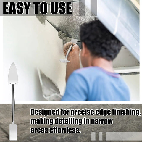 Person using One Inch Trowel And Square Masonry Tool Forged Steel Built Tough For Concrete Plaster Stucco Glazing Patch Work And Archaeology on wall