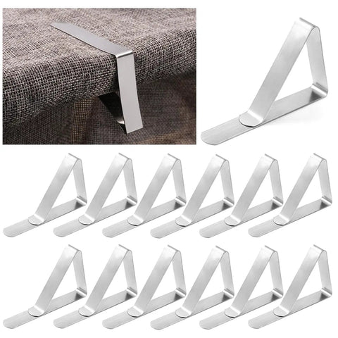 12 Pack Tablecloth Clips Stainless Steel Heavy Duty Clamps For Tables Fits Up To 1.7 Inch Thick Tables Value Pack displayed on white background