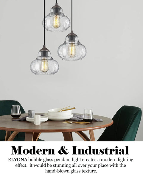 8 Inch Seeded Bubble Glass Pendant Light Fixture with Hand Blown Shade over a dining table, modern rustic vibe
