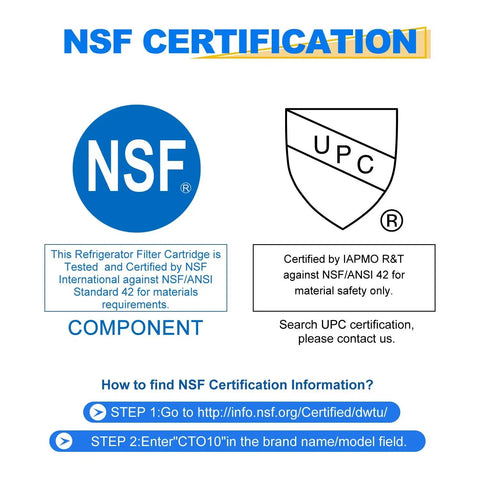 NSF and UPC certification logos for One Micron 2.5 Inch by 10 Inch Whole House CTO Carbon Water Filter Compatible With DuPont WFPFC8002 WFPFC9001