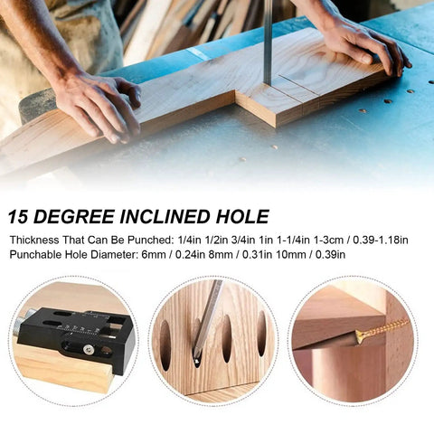 Top Notch Woodworking Punch Locator For 15 Degree Inclined Holes With Precision Joint Angle Positioner and Full Aluminum Alloy Carpentry Kit in use on wood.