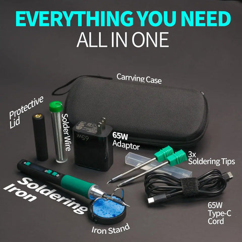 Portable Soldering Iron Pen Kit with 65W PD QC Type C Power, rapid 5 second heat up, includes 3 tips, solder wire, protective cap.