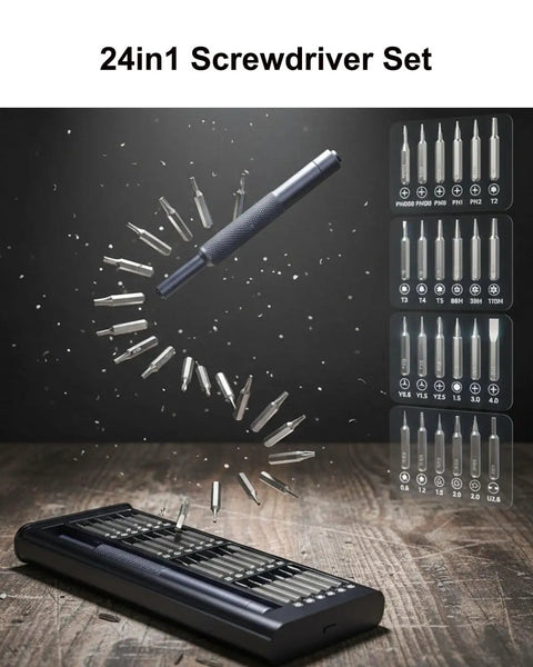 Versatile 24-In-1 Precision Screwdriver Set With Magnetic Bits For Electronics IPhone Laptop Computer Watch Eyeglasses And Camera Built With S2 Steel Mini Repair Tool Kit Super Handy And Ultra Durable displayed.