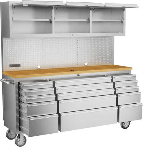 72 Inch Rolling Tool Chest Cabinet With 15 Drawers On Wheels Mobile Workbench Stainless Steel Pegboard Four Power Outlets And Two USB Ports