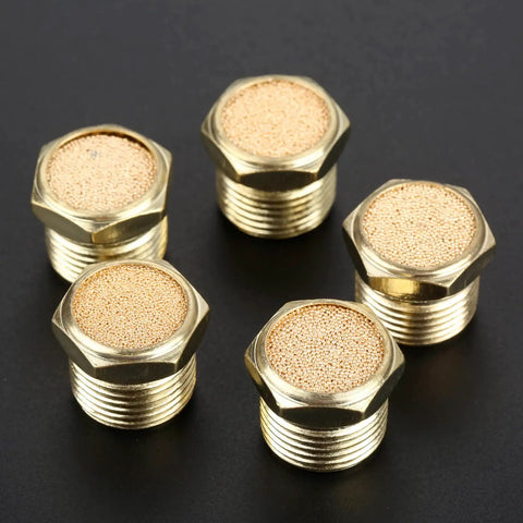 5 Pack Three Eighths Inch Brass Mufflers For Pneumatic Systems Air Silencers With Hex Sintered Bronze Filter And Male Thread NPT Fittings