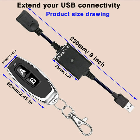 DC 5V USB Wireless Remote Control Switch With 433MHz RF Easy Plug And Play Wall Receiver size guide with remote and USB cable.