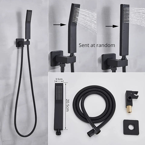 Top Tier Matte Black Shower System Combo With Killer Led Rainfall Head And Easy Grab Handheld Wand, Wall Mounted Bathroom Faucet Set With Waterfall Tub Spout And No Hassle Hydroelectric Temp Light showing handheld shower wand and hose.