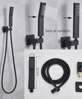 Straight Up Matte Black Ceiling Mount Shower System With Water Powered Led Rain Head Temp Tracking Color Swap Slick Handheld Sprayer And Smooth Swivel Tub Spout For Bathrooms showcasing handheld sprayer and hose components.