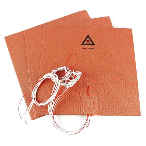 Beefed Up Silicone Heated Bed Mat For 3D Printers 120V 750W With NTC 100K Thermistor No Hole 300x300mm 12x12 In, displayed in orange.