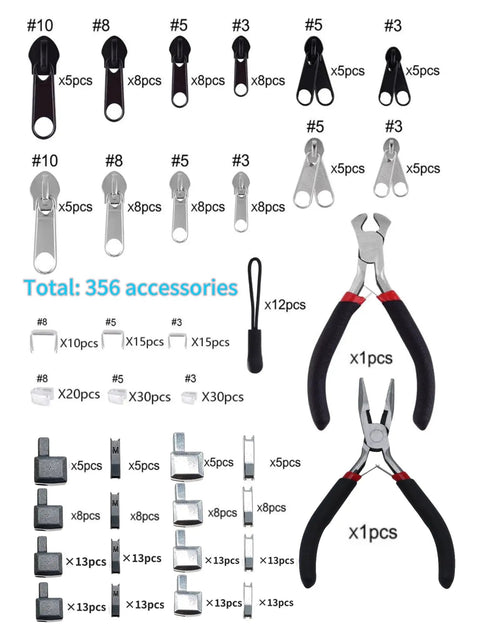 All-In-One 368-Piece Zipper Repair Kit with sliders, pulls, and 2 installation pliers for fixing zippers on various items.