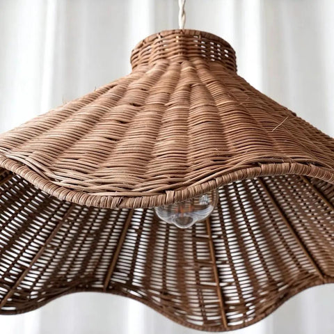 YUJIDAO 19.7 Inch Rattan Chandelier, Boho Pendant Lighting, Hand-Woven Light Fixture view of woven shade detail.