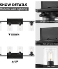 Dope Four Light Matte Black Vanity Lights With Clear Glass Shades detail of up and down installation options