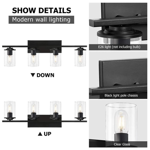 Dope Four Light Matte Black Vanity Lights With Clear Glass Shades detail of up and down installation options