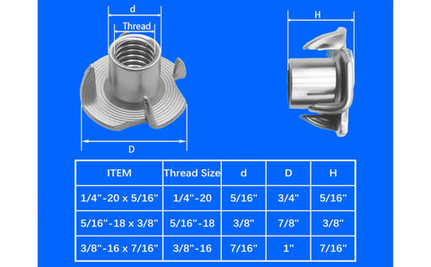 Premium Heavy Duty Stainless Steel Tee Nuts With Badass Four Prong Grip For Cabinetry Furniture And Rock Climbing Projects Featuring No Sweat Assembly In 1/4 5/16 And 3/8 Inch Sizes, shown from multiple angles with dimensions.