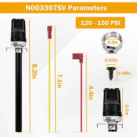 Air Compressor Pressure Switch 120 To 150 PSI 120V AC Durable Pressure Controller dimensions and components shown