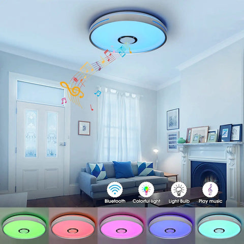 LED Ceiling Light With Bluetooth Speaker And RGB Color Changing Glow, 15.7 Inch, in living room with music notes