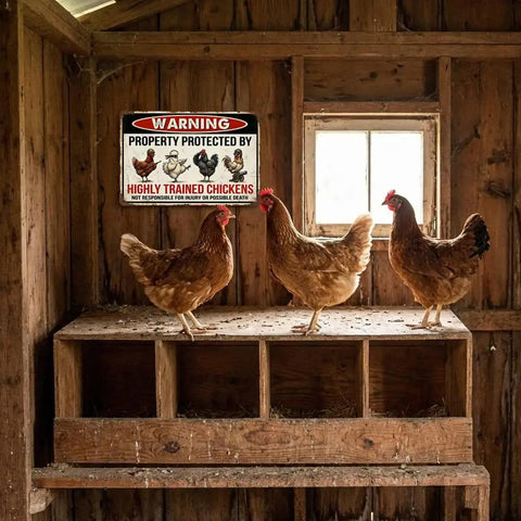 Warning Highly Trained Chickens Tin Sign For Chicken Coops And Farm Decor Funny Backyard Fence Sign Gag Gift For Chicken Lovers Weather Resistant Metal 8x12 Inch Outdoor Wall Plaque