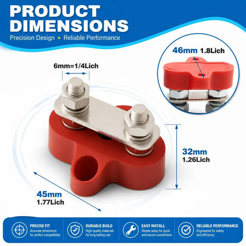 Heavy Duty Bus Bar With M6 And One Quarter Inch Dual Studs Positive Negative Power Distribution Block Red Black 2 Pack For Auto Boat Marine RV Solar System Brass Core Stainless Fasteners Corrosion Resistant dimensions 45x32mm
